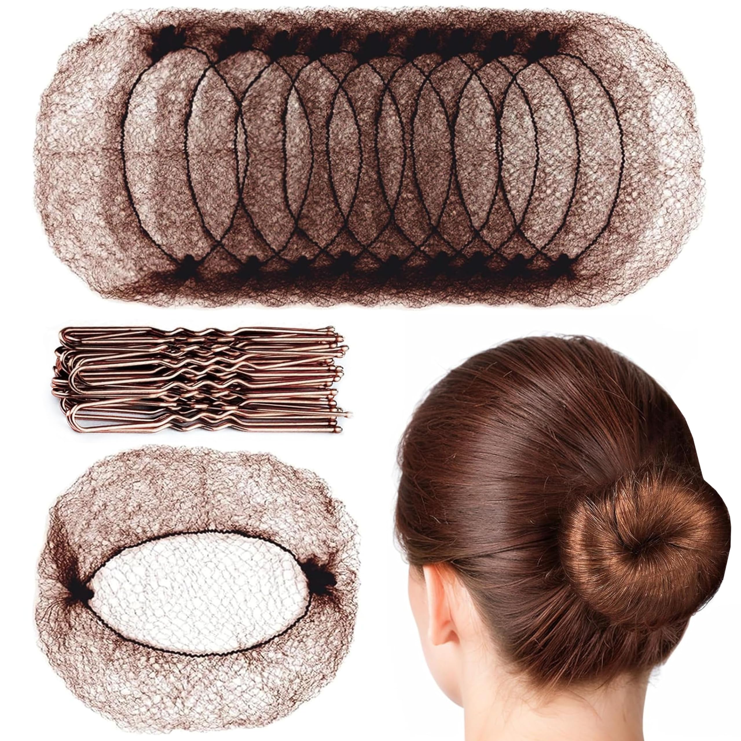 Photo 1 of 100PCS Hair Net and Pin Set – 50 Invisible Mesh Hair Nets (20 Inch) and 50 U-Shaped Hair Pins for Bun Making, Dance, Work, and Daily Use (Brown)