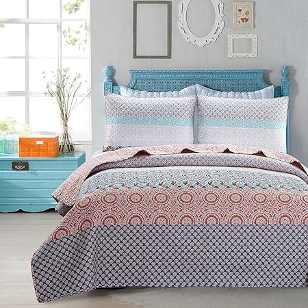 Skipper Furnishings Quilted and Reversible Microfibre Double Bed Spread and 2 Pillow Covers - Multicolour