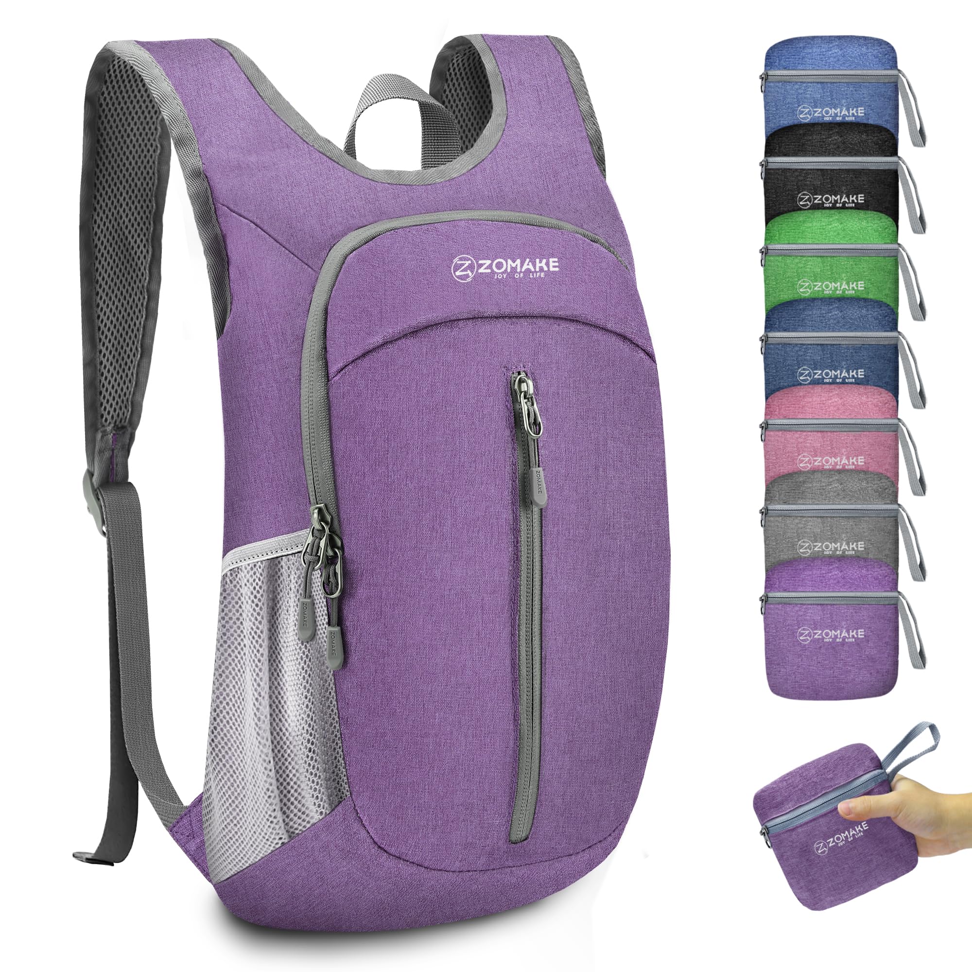 ZOMAKE Lightweight Foldable Backpack, Packable Rucksack 10L Folding Small Back Pack Foldaway Ultralight Daypack for Women Men Travel Hiking Walking (Purple)