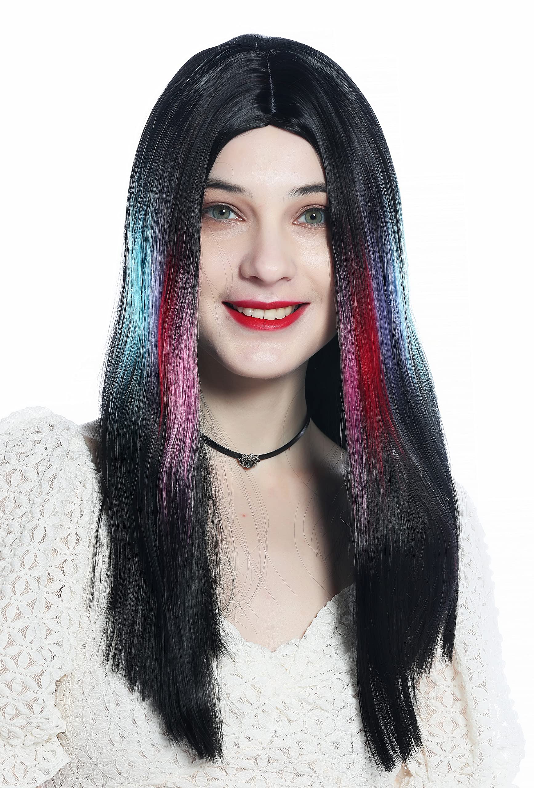 WIG ME UP - DW3314A-YP1B/1137 Ladies' wig long smooth straight middle-parting black rainbow streaks