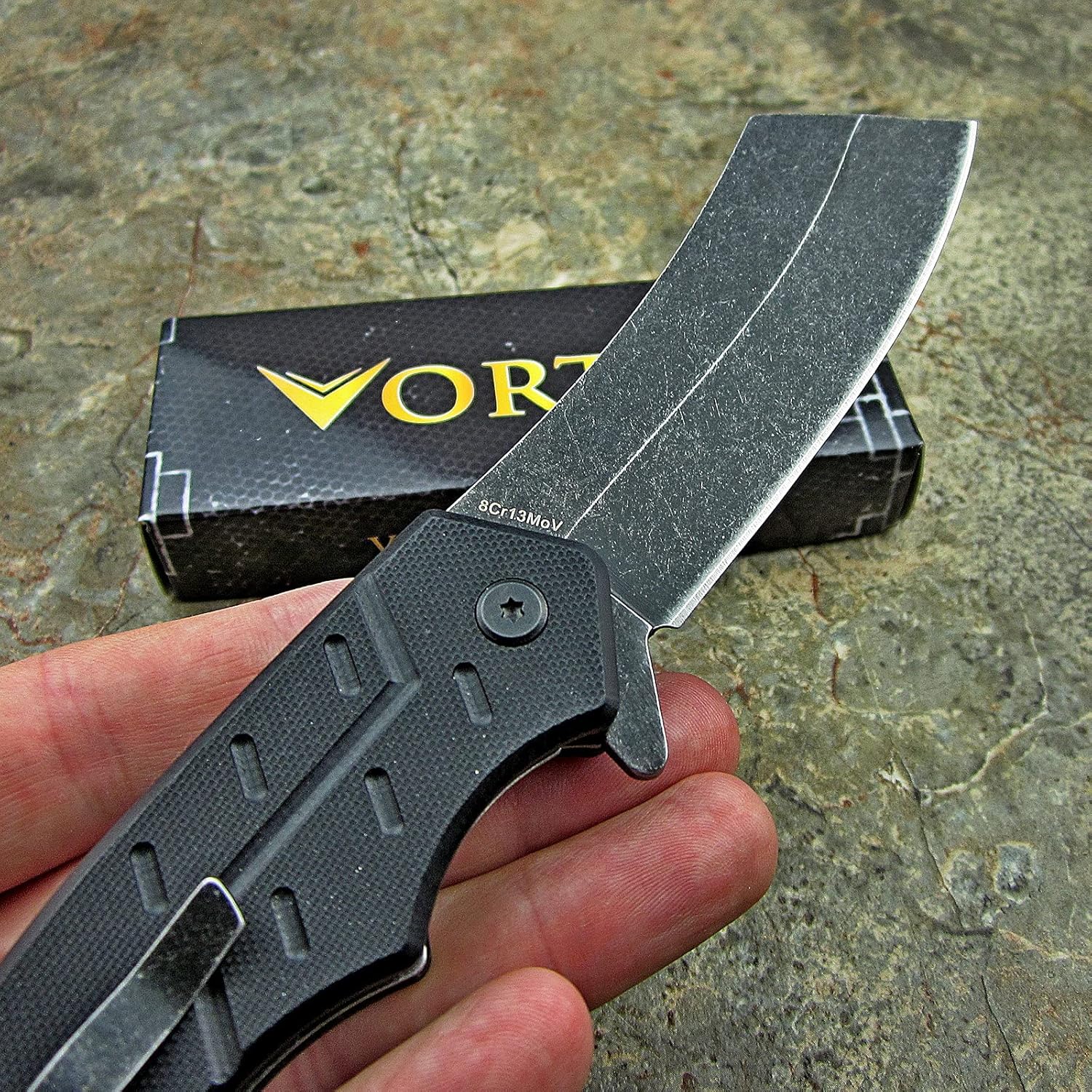 VORTEK Pocket Cleaver Knife: Ball Bearing Pivot, 8Cr13MoV Razor Sharp Cleaver Blade, Ultra Smooth Opening, Non-Slip G10 Handles, Heavy Duty Construction Built Tough: Kitchen & Dining