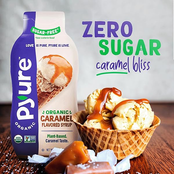 PYURE ORGANIC CARAMEL DESSERT SYRUP | SUGAR-FREE CARAMEL TOPPING FOR KETO ICE CREAM, PANCAKES, LOW CARB SWEETS | 1G NET CARB, GLUTEN-FREE, VEGAN, NON-GMO, PLANT-BASED, DIABETIC FRIENDLY | 14 OZ