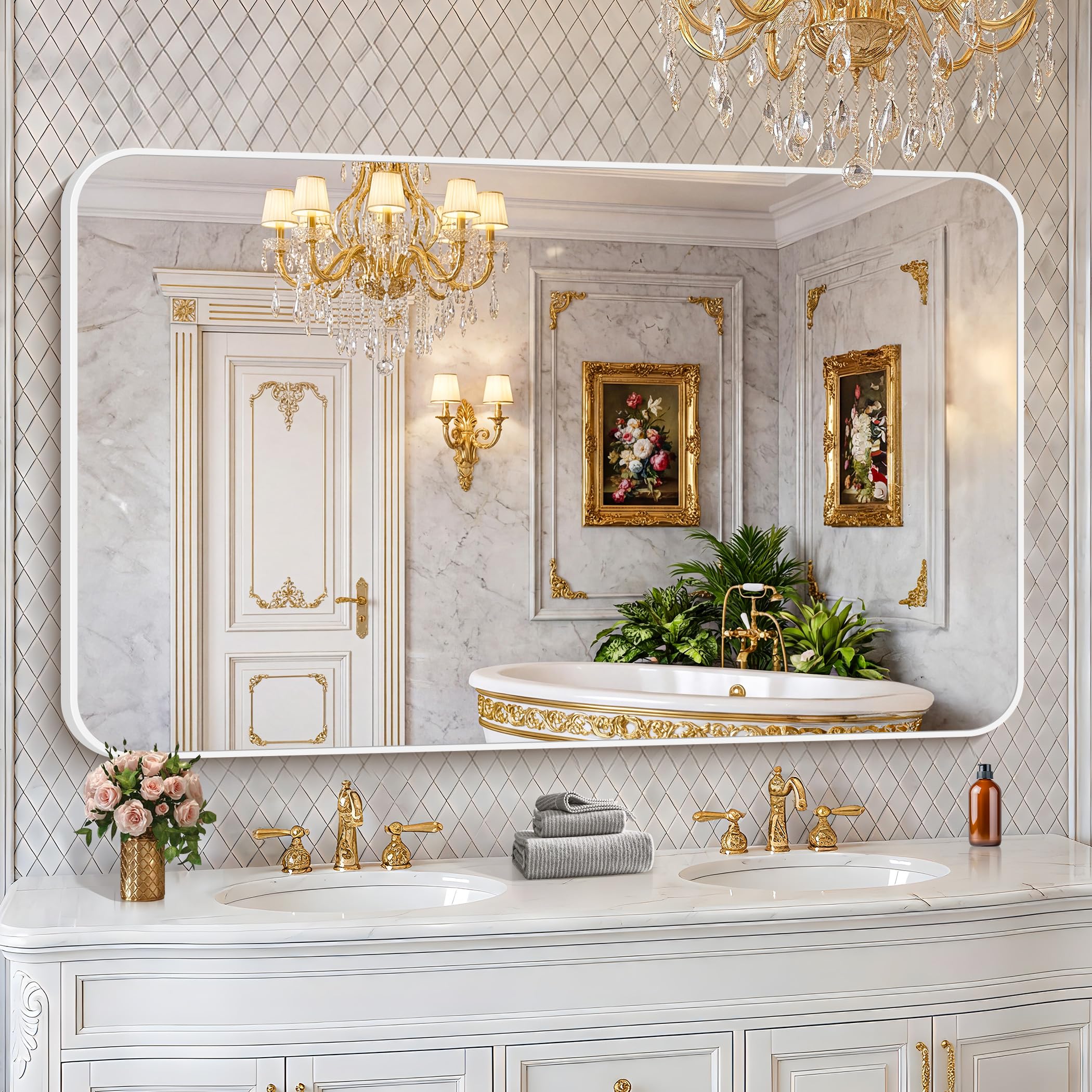 BONEWEI White Bathroom Mirror,60x36 inch Wall Mirror for Bathroom Wall Mounted,Rectangle Mirror for Bathroom Over Sink,Modern Frame Round Corner for Living Room,Bedroom Entryway,Horizontal/Vertical Image