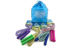 Deluxe Jump Ropes 7-Foot (7') Pink, Green, Purple & Blue Gift Set Party Bundle with Bonus Matty's Toy Stop Storage Bag - 4 Pack