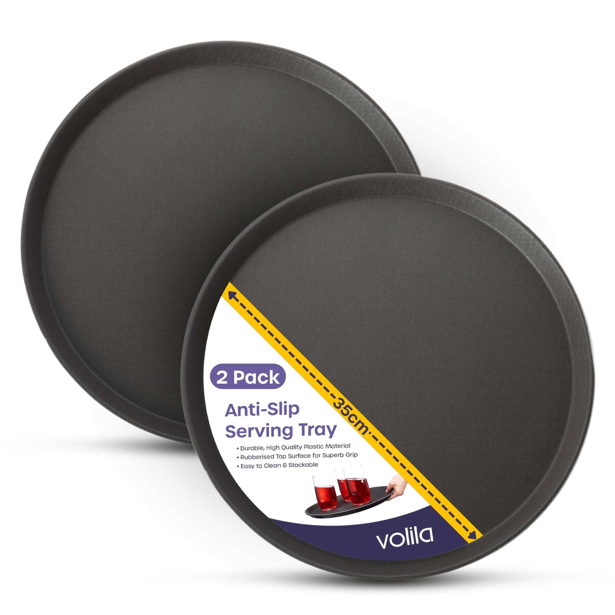 Volila Black Round Non-Slip Tray - 35 cm (2 Pack) Rubberized for Serving Food and Drinks - Dishwasher Safe for Parties, Gatherings, Bars, Restaurants and Home