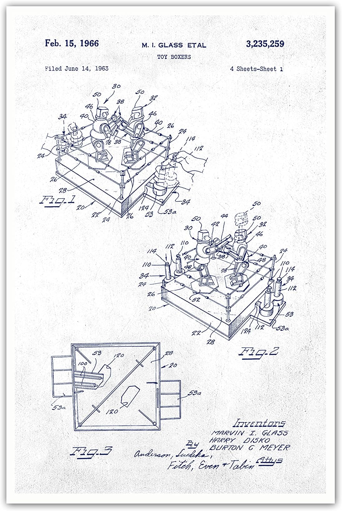 Rockem Sockem Robots - Blue on White - Toy Patents - 24x16 Matte Poster Print Wall Art