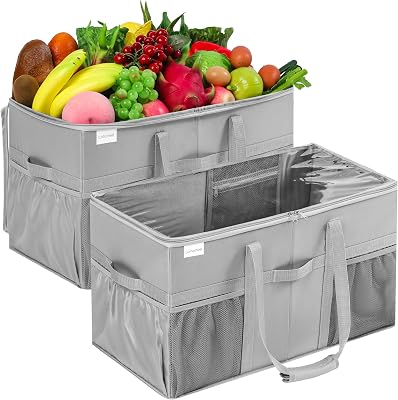 Einkaufstasche 2er Set - Stabile Tragetasche mit Deckel & Taschen, 56x29x33,5cm - Wiederverwendbare faltbare Transporttasche mit Bodenverstärkung für Supermarkt, Lagerung & Camping