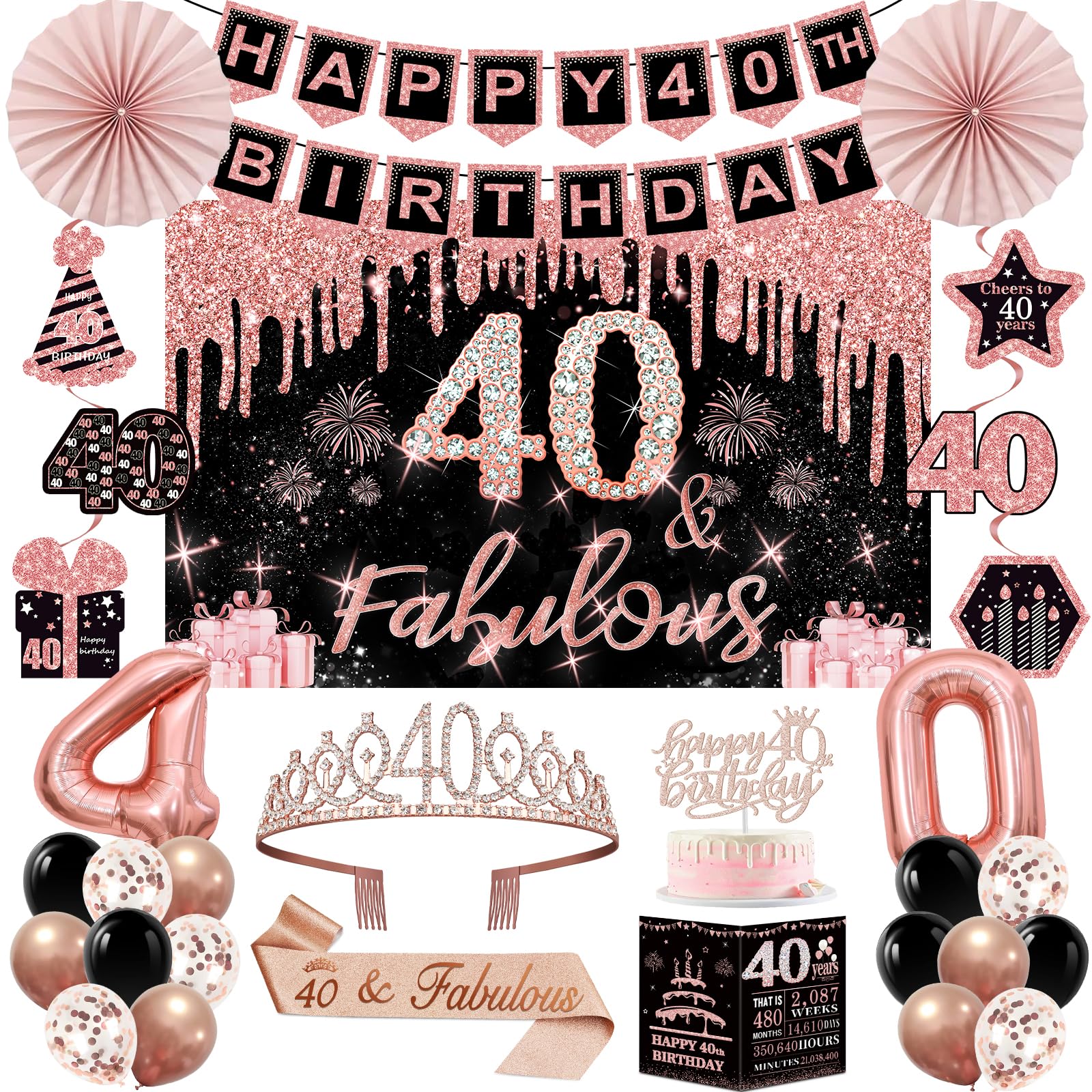 Photo 1 of 40th Birthday Decorations for Women,32PCS 40th Birthday Party Decorations,Including Backdrop, Crown, Sash, banner, Hanging Swirl,Cake Topper,balloons,Paper Fans,Anniversary Card and paper fans