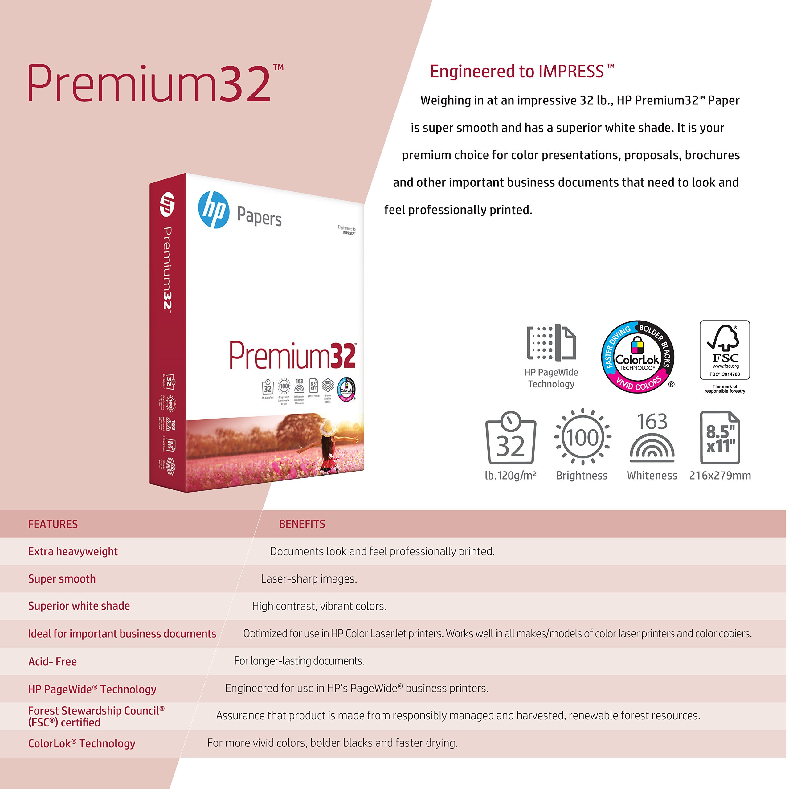 HP Printer Paper, Premium32, 8.5 x 11 Paper, Letter Size, 32 lb Paper