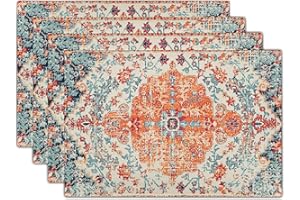 APORTT Ethnic Boho Placemats Set of 4 Southwest Orange Blue Teal Carpet Woven Texture Linen Washable Kitchen Dining Table Mats Stain Heat-Resistant Desktop Decor Place Mats for Home Party Indoor 12x18 in