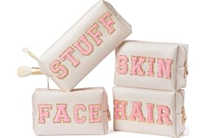 Y1tvei 4Pcs Preppy Patch Varsity Letter Makeup Bag Sewn with Pink Skin Hair Face Stuff Chenille Letter Cosmetic Toiletry Bag PU Leather Waterproof Portable Zipper Purse Travel Organizer for Women Girl