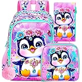 ZLYERT 3Pcs Backpack for Girls, 16" Penguin Kids Bookbag for Elementary Preschool Kindergarten, School Backpacks with Lunch Box(Pink)