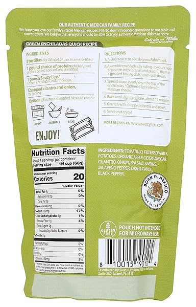 SAUCY LIPS GREEN ENCHILADA SAUCE – TANGY TOMATILLO MEXICAN BLEND, HANDCRAFTED SALSA VERDE, VERSATILE COOKING SAUCE, 8OZ