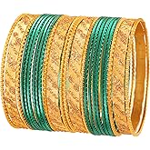 Touchstone Indian Green Bangles for Women Bollywood desi Jewelry Chunky Texture Alloy Metal Stones Bangle Bracelets chudiyan Set Bridal Wedding Guest Outfit Accessories.