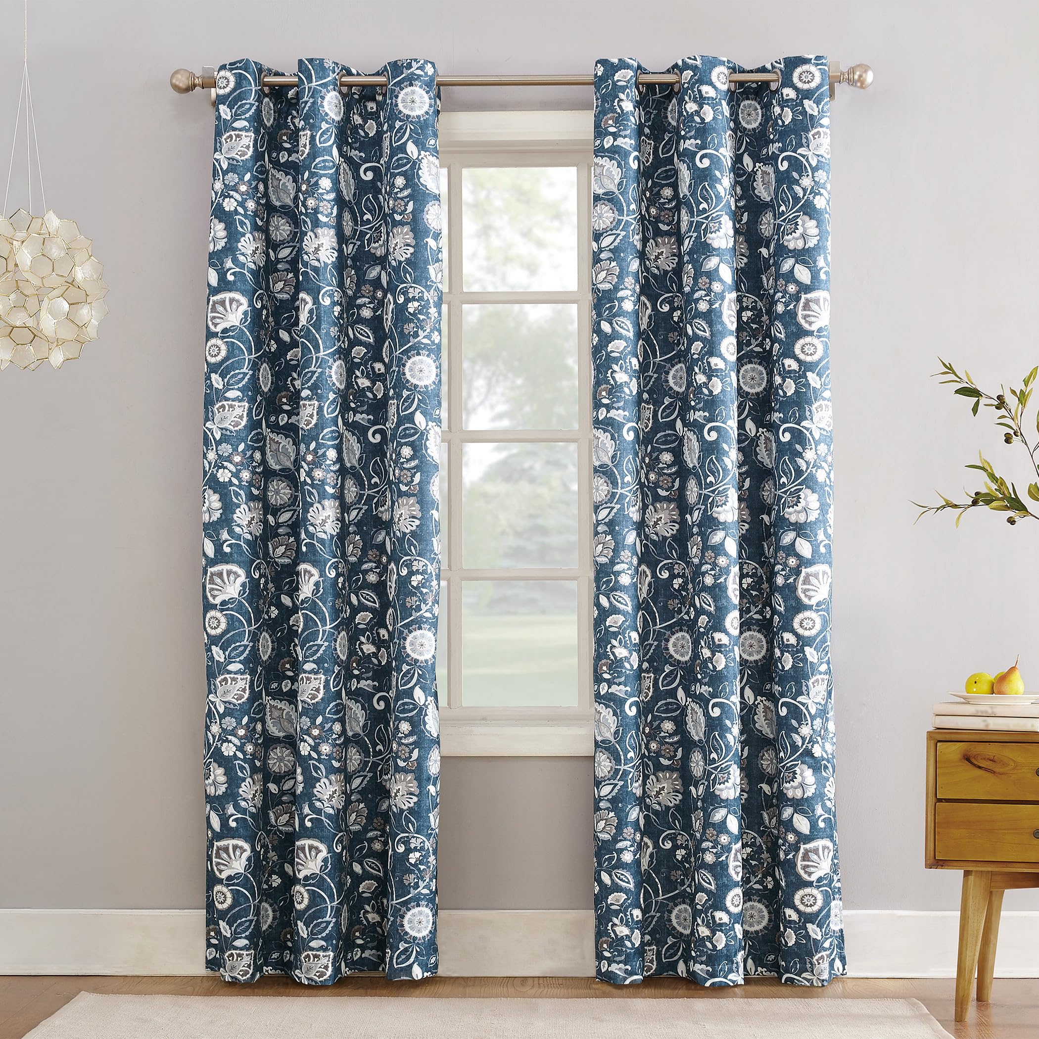 Sun Zero Jorah Botanical Print Thermal Insulated Energy Efficient Grommet Curtain Panel 40" x 63" Blue Leaf