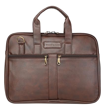 WILLOW & SMITH Waterproof Faux Leather 15 Inch Laptop, Briefcase, Messenger, Tablet and Office Brown Bag with Belt for Man and Women