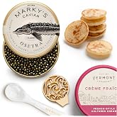 MARKY'S Osetra Black Malossol Caviar Kit - 1 oz / 28 g | with French Mini Blini, Cream Fraiche, Mother of Pearl Spoon &amp; Gold Plated Tin Opener, GUARANTEED OVERNIGHT