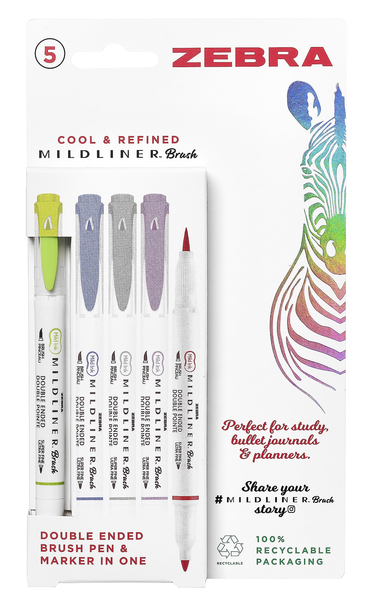 Zebra Pen MILDLINER Dual Tip Brush Pens, Felt Tip Pens For Adults, Bullet Tip & Brush Tip For Style & Convenience, Double Ended Mildliner Colouring Pens, Cool & Refined Colours 5pk