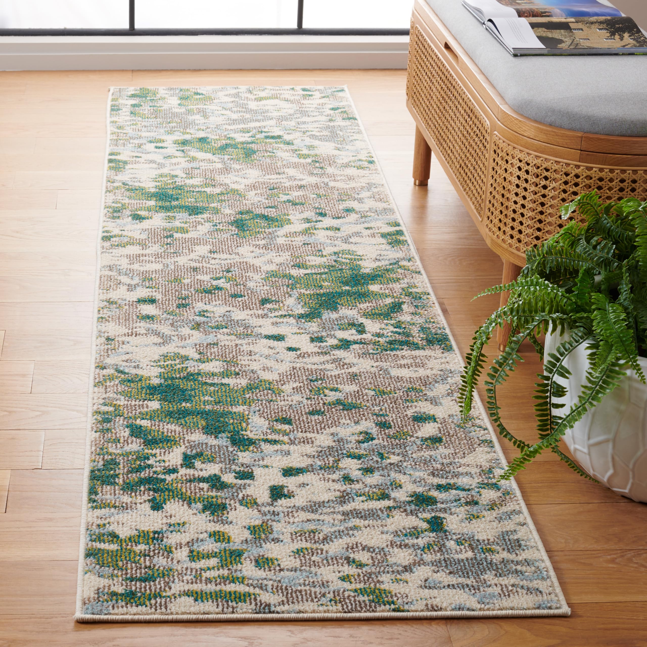 SAFAVIEH Monaco Collection Runner Rug - 2'2" x 8', Green & Blue, Abstract Watercolor Design, Non-Shedding & Easy Care, Ideal for High Traffic Areas in Living Room, Bedroom, Dining (MNC225Y-28) Image