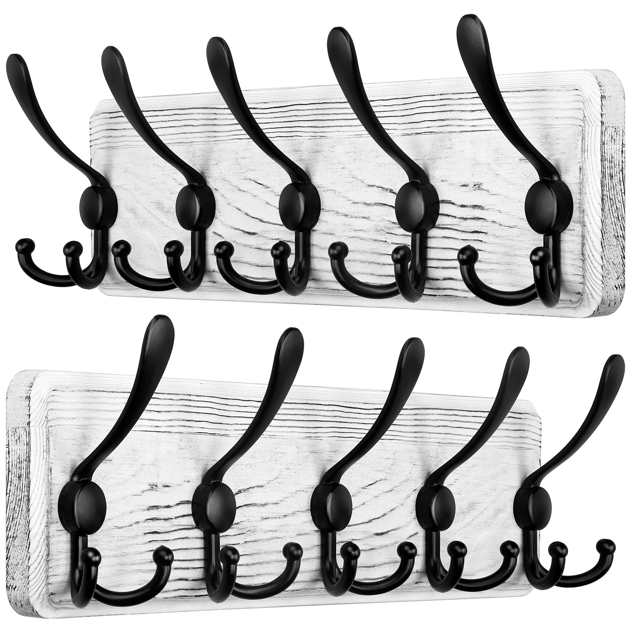 SKOLOO Coat Rack Wall Mounted - Pack of 2, Wooden, Heavy Duty, Rustic Coat Hooks for Wall, Wall Coat Rack with 5 Triple Hooks for Hanging Clothes, Jacket, Hat(Weathered White)