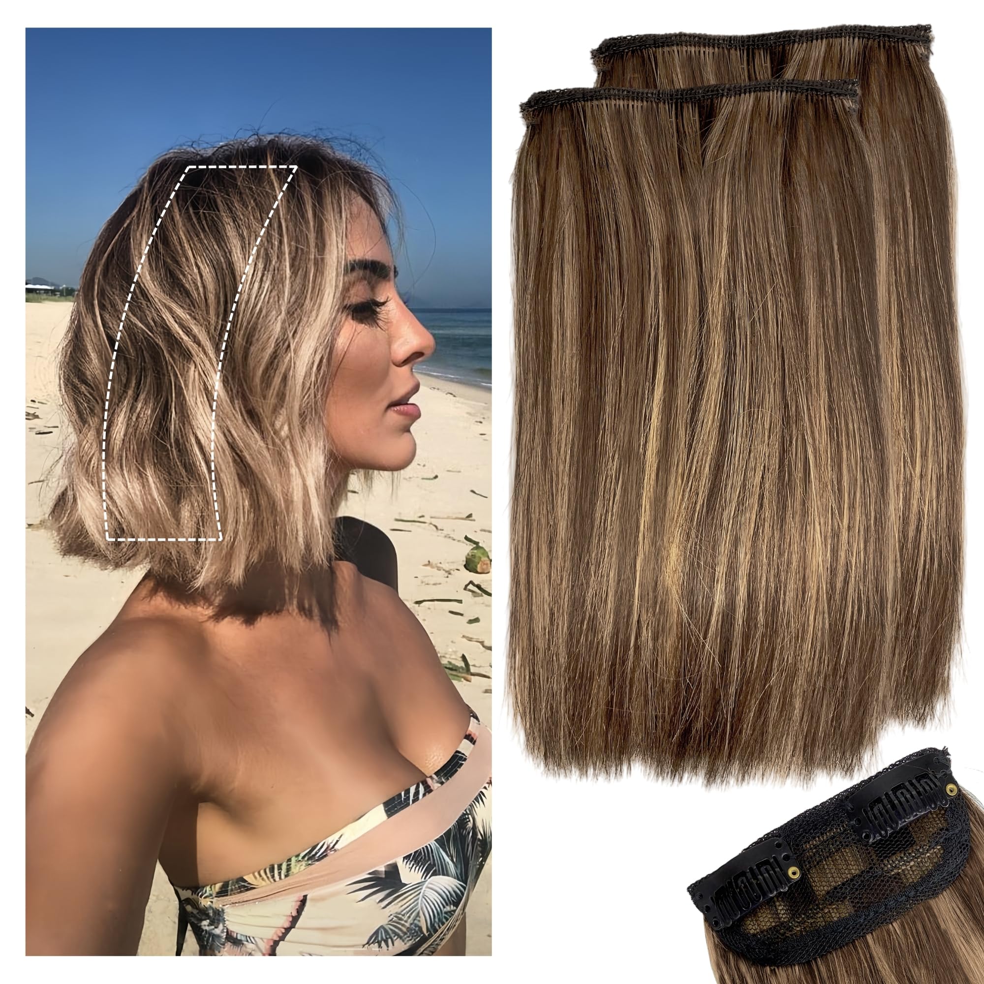 Photo 1 of 2 Pcs Short Hair Extensions, Clip in Extensions Human Hair for Women Adding Volume 6 inch Medium Brown and Honey Blonde
