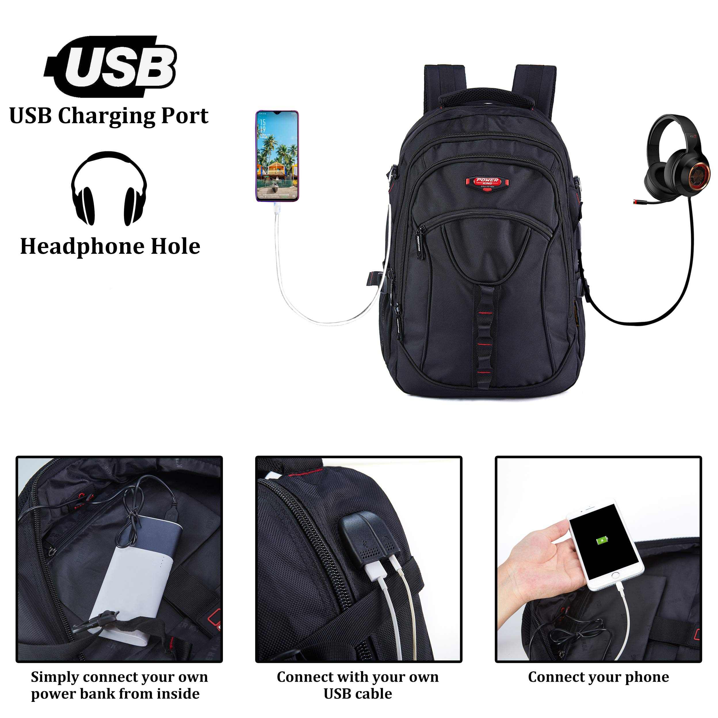 POWER KING Travel Laptop Backpack, Business Backpack School Bag with USB Charging Port and Earphone Port Daypack for Men Women Fits 14 Inch Laptop, Notebook, Computer for Work, College