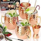 Benicci Moscow Mule Copper Mugs - Set of 4-100% HANDCRAFTED - Food Safe Pure Solid Copper Mugs - 16 oz Christmas Gift Set wit
