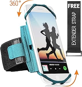 360° Rotatable Cell Phone Arm Holder for iPhone XR, XS Max, 8, 8 Plus, 7, 6, Samsung Galaxy A8, S9, S8, S6 Edge, Note, LG; Sports Running Armband for Men & Women with Free Extender Strap (Turquoise)