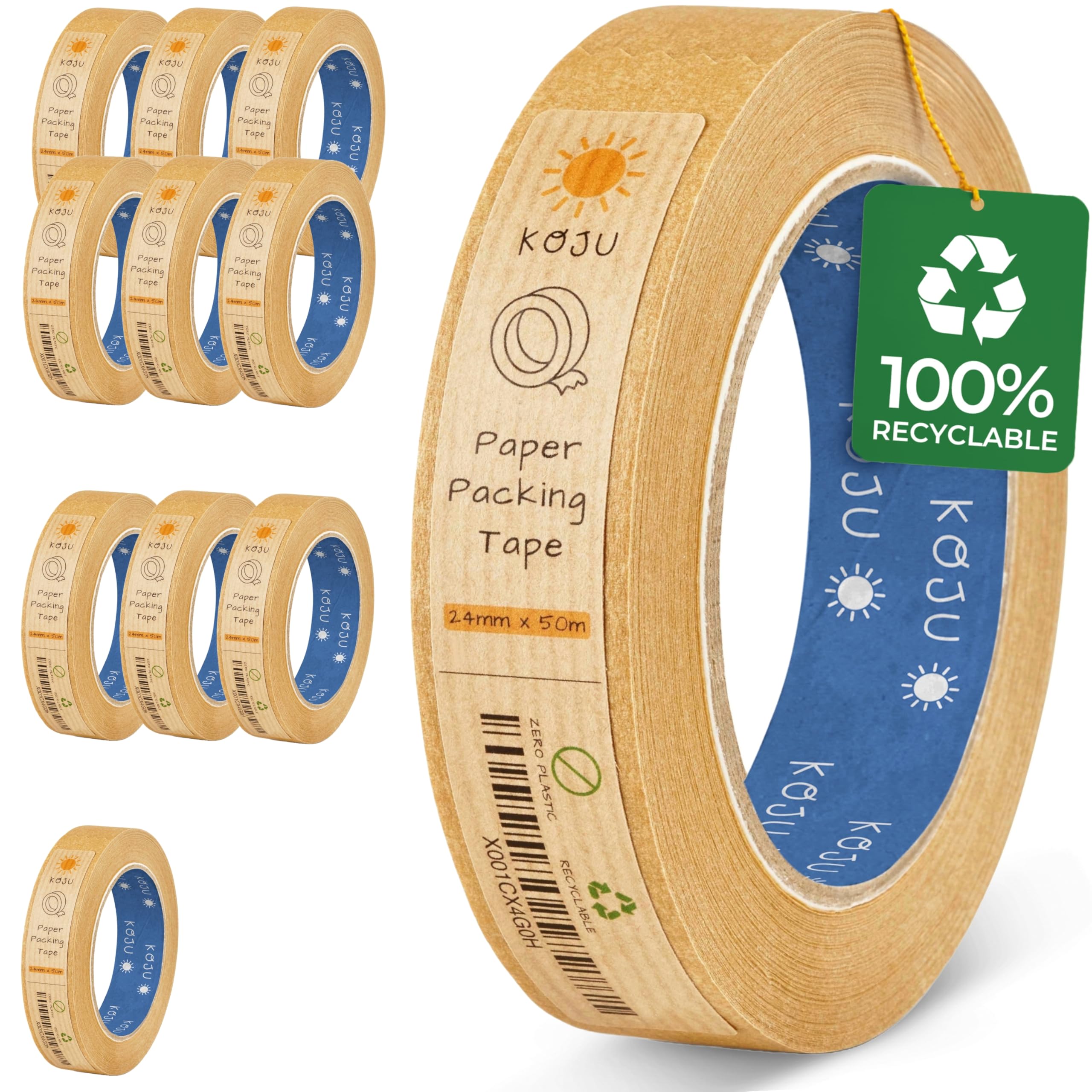 Koju Kraft Paper Packing Tape 24mm x 50m | 1/3/6/36 packs | Eco Friendly & Recyclable Brown Paper Tape for Parcel Packing & Picture Framing | 1 Pack