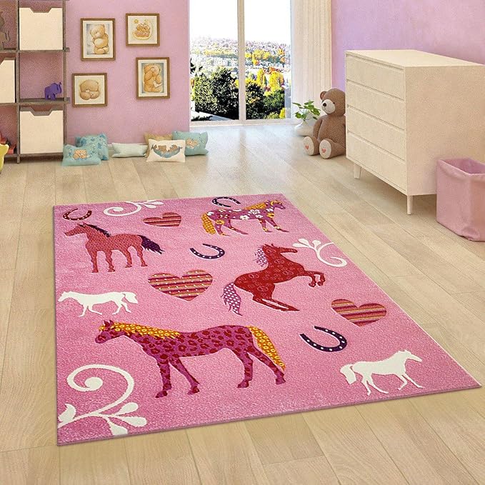 Kids Rug Pink Girls Bedroom Carpet Animals Hearts Horses Thick Soft Nursery Mat (120x170cm (4'x5