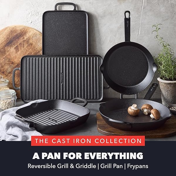 GREENPAN X BOBBY FLAY 12” CAST IRON PRE-SEASONED SKILLET WITH HELPER HANDLE, PROFESSIONAL GRADE HEAVY DUTY, INDUCTION, POUR SPOUTS, VERSATILE STOVETOP, OVEN, BBQ GRILL FIRE, INDOOR/OUTDOOR USE, BLACK