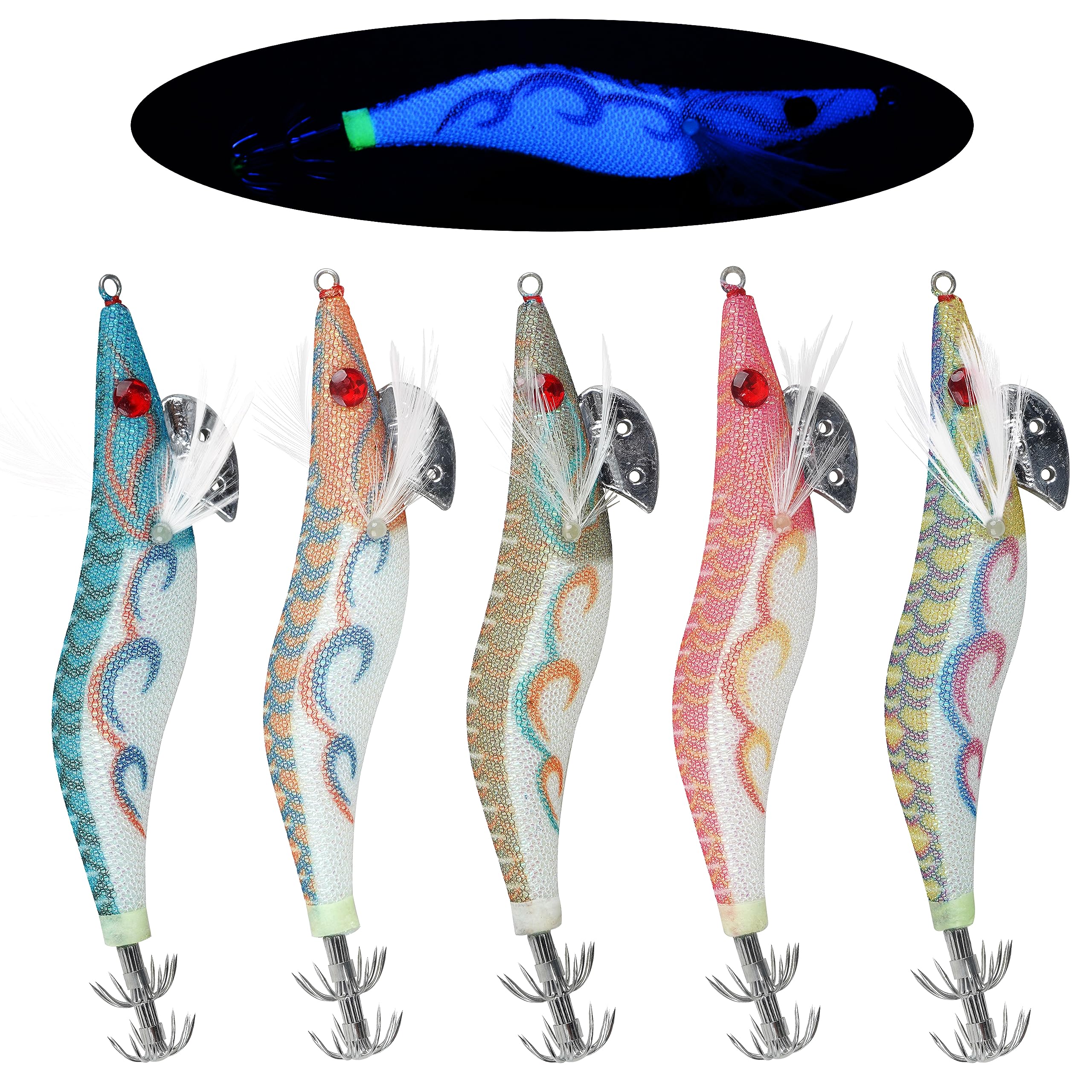 Luminous Squid Jig Shrimp Lure Fishing Squid Lures Artificial Baits Kit for Octopus Cuttlefish Hard Sinking Lures Fishing Squid Jigs for Saltwater Freshwater(2.5#-10cm-5pcs)