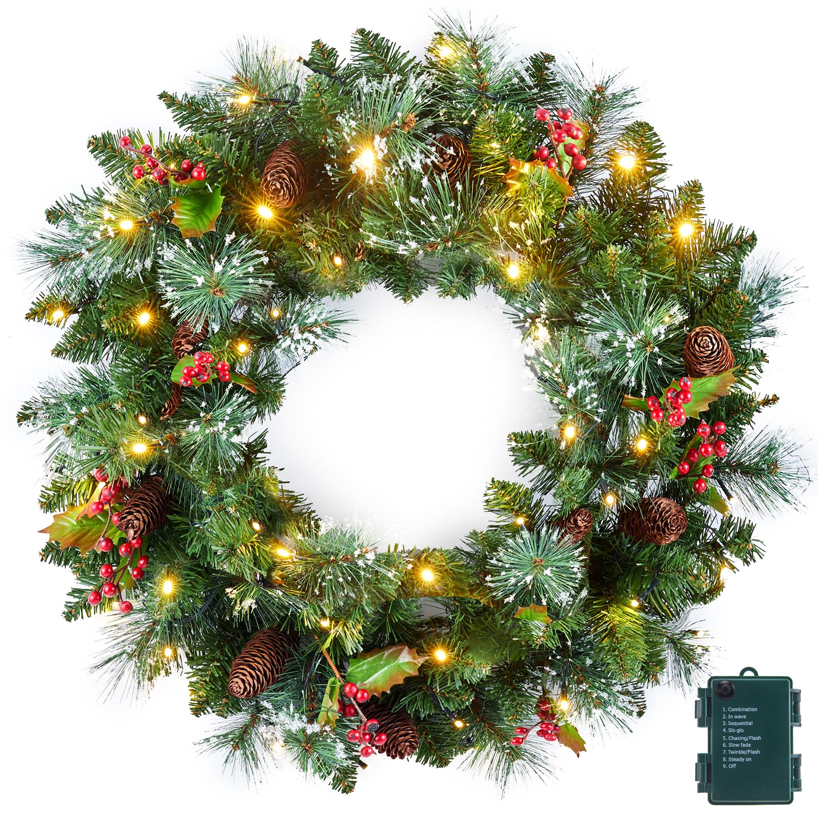 Photo 1 of Pre- Artificial Christmas Wreath for Front Door, Green, 50 LED Lights, Decorated with Pine Cones, Red Berry Clusters, Frosted Branches, Hari Leaves, Christmas Collection, 24 Inches