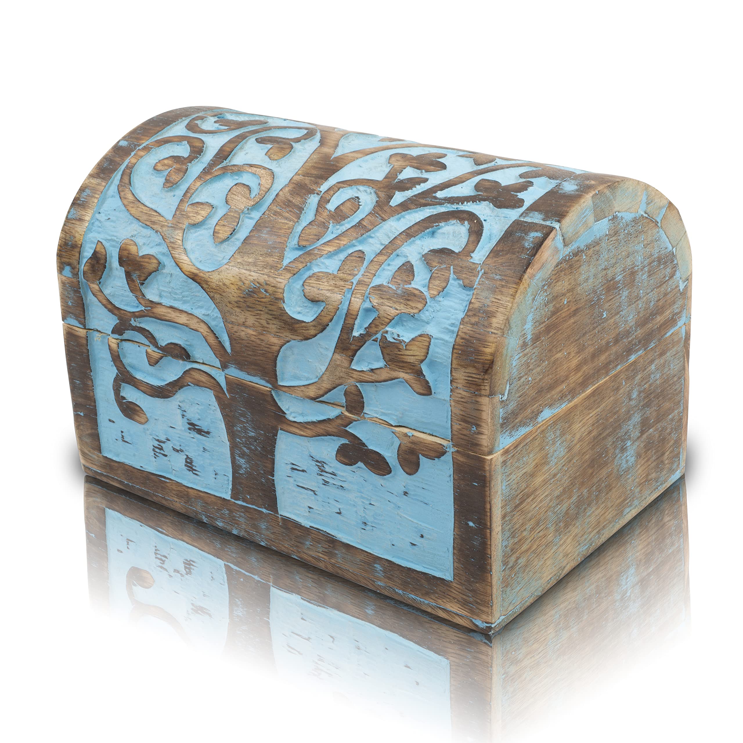 Great Birthday Gift Ideas Handmade Decorative Wooden Jewelry Keepsake Box With Tree of Life Carvings Jewelry Organizer Treasure Chest Trinket Holder Watch Storage Lock Box (Blue Wash Finish)