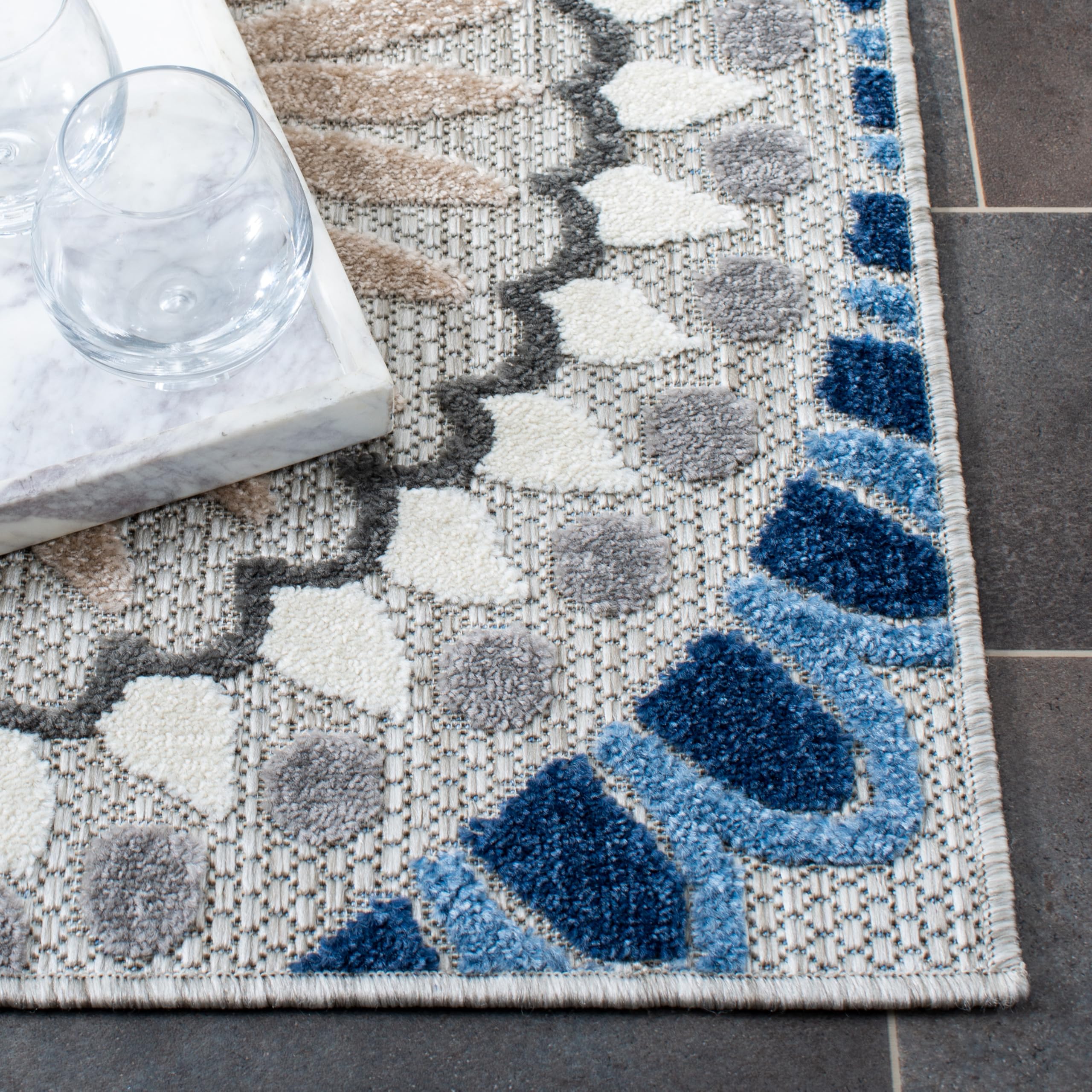 SAFAVIEH Washable Rug Outdoor Cabana Collection - 2' x 3', Grey & Blue, Non-Shedding & Easy to Clean, Ideal for Entryway, Patio, Kitchen, Mudroom, Front Door (CBN382G)