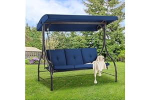 AECOJOY Porch Swing Chair, 3 Seats Porch Swing Adjustable Canopy Outdoor Swing with Stand Patio Swing Bed with Removable Blue