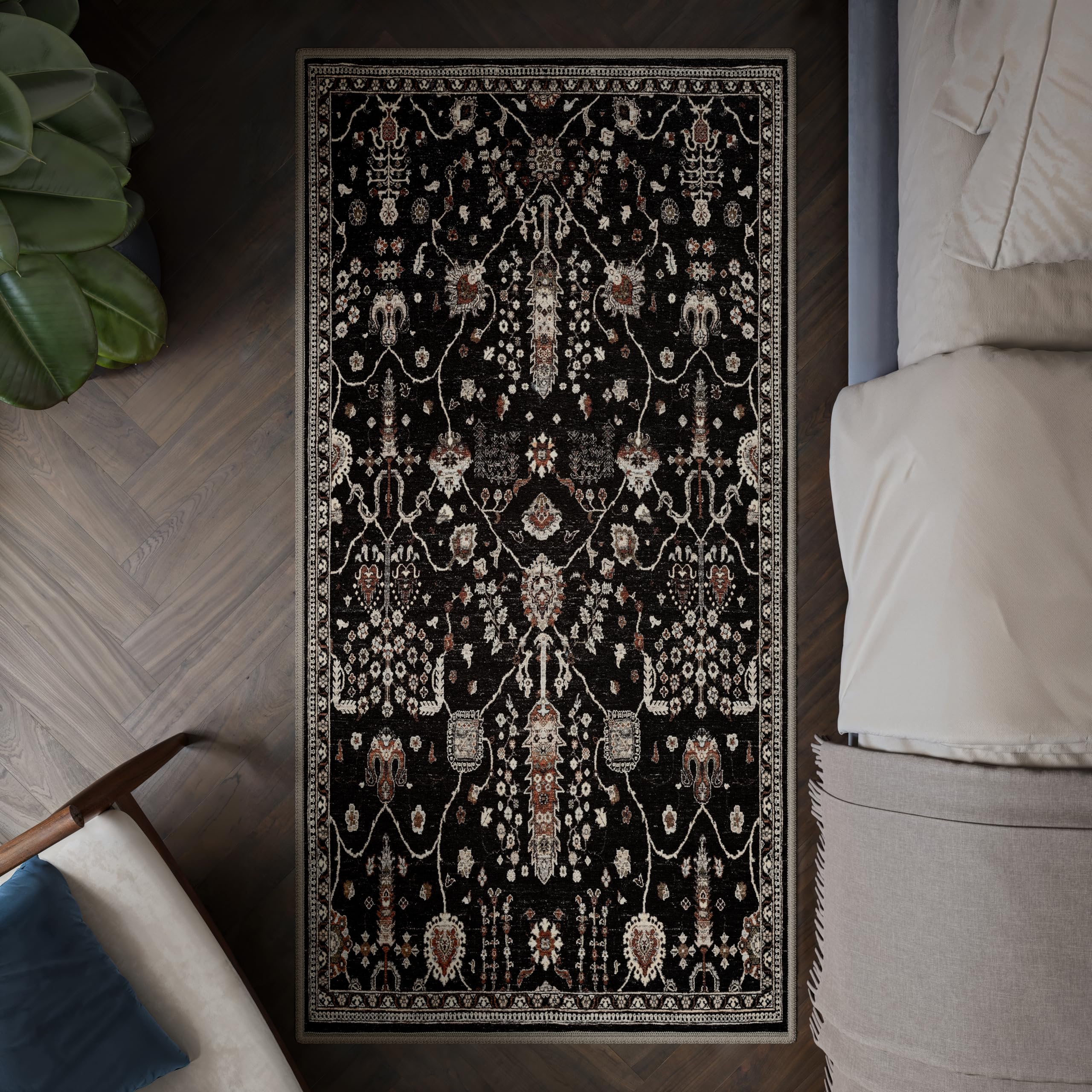 artyrugs Machine Washable Rug, 80x150cm, 75% Recycled Cotton, Short Pile, Non-Slip Backing, Non-Shedding, Suitable for Living Room, Bedroom, Kitchen, Hallway, Office, Night Black