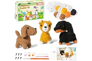 BWkoss Crochet Kit for Beginners, Cute Animal Dog Crochet Starter Kit Dachshund Golden Retriever Welsh Corgi DIY Yarn Knitting Craft Supplies with Step-by-Step Video Tutorials for Knitting Enthusiast