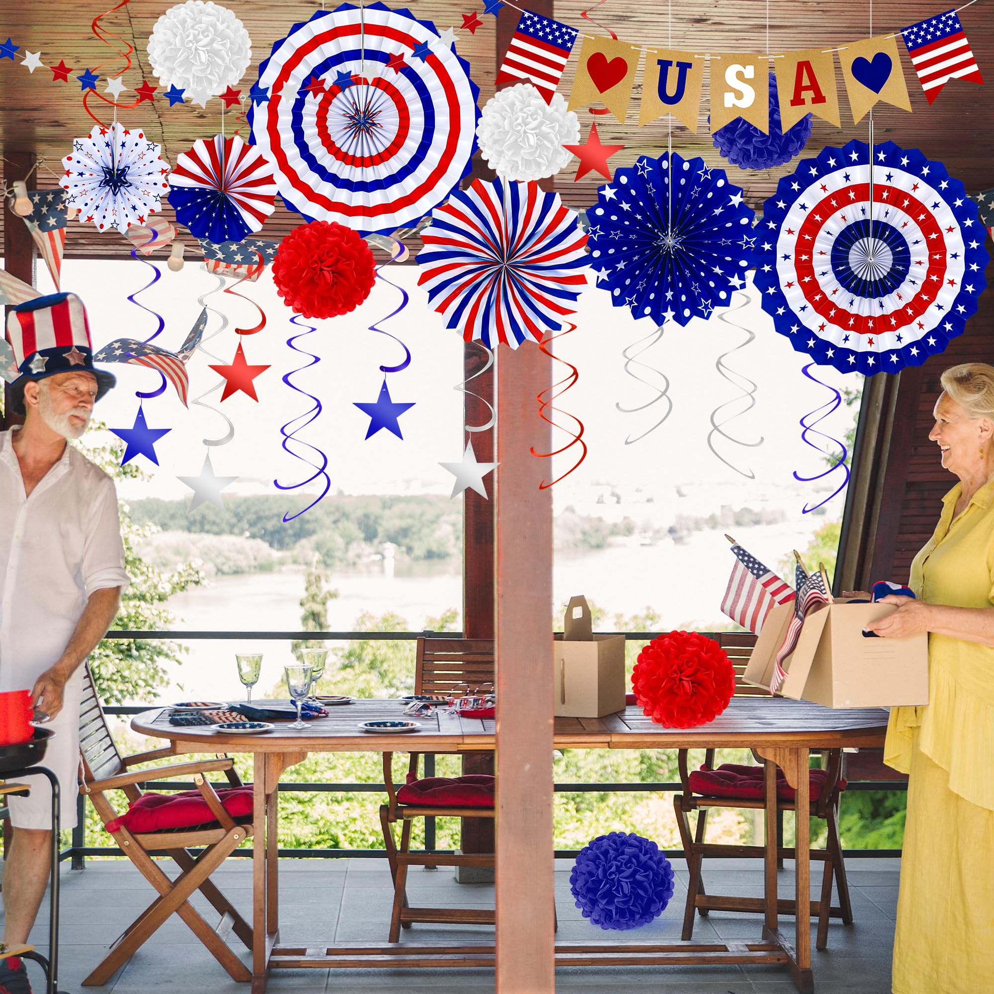 26 PCS 4th of July Decorations, Red White Blue Paper Fans in Patriotic Designs, 4th of July Banner Pompom Star Garland and Hanging Swirls Set for Fourth of July Independence Day Party Supplies Decor