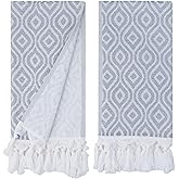 Turkish Cotton Hand Towels Set of 2 – Decorative Kitchen & Bathroom Towels with Woven Front and Terry Backing (Bohemian Rhythm Grey)