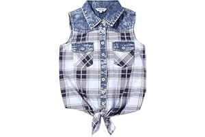 BIENZOE Girl's Plaid Denim Sleeveless Tie Front Blouse Casual Tank Tops