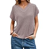 Cakulo Summer Crochet Tops for Women 2025 Short Sleeve V Neck Hollow Out Knit Beach Cover Up Casual Sweater Top