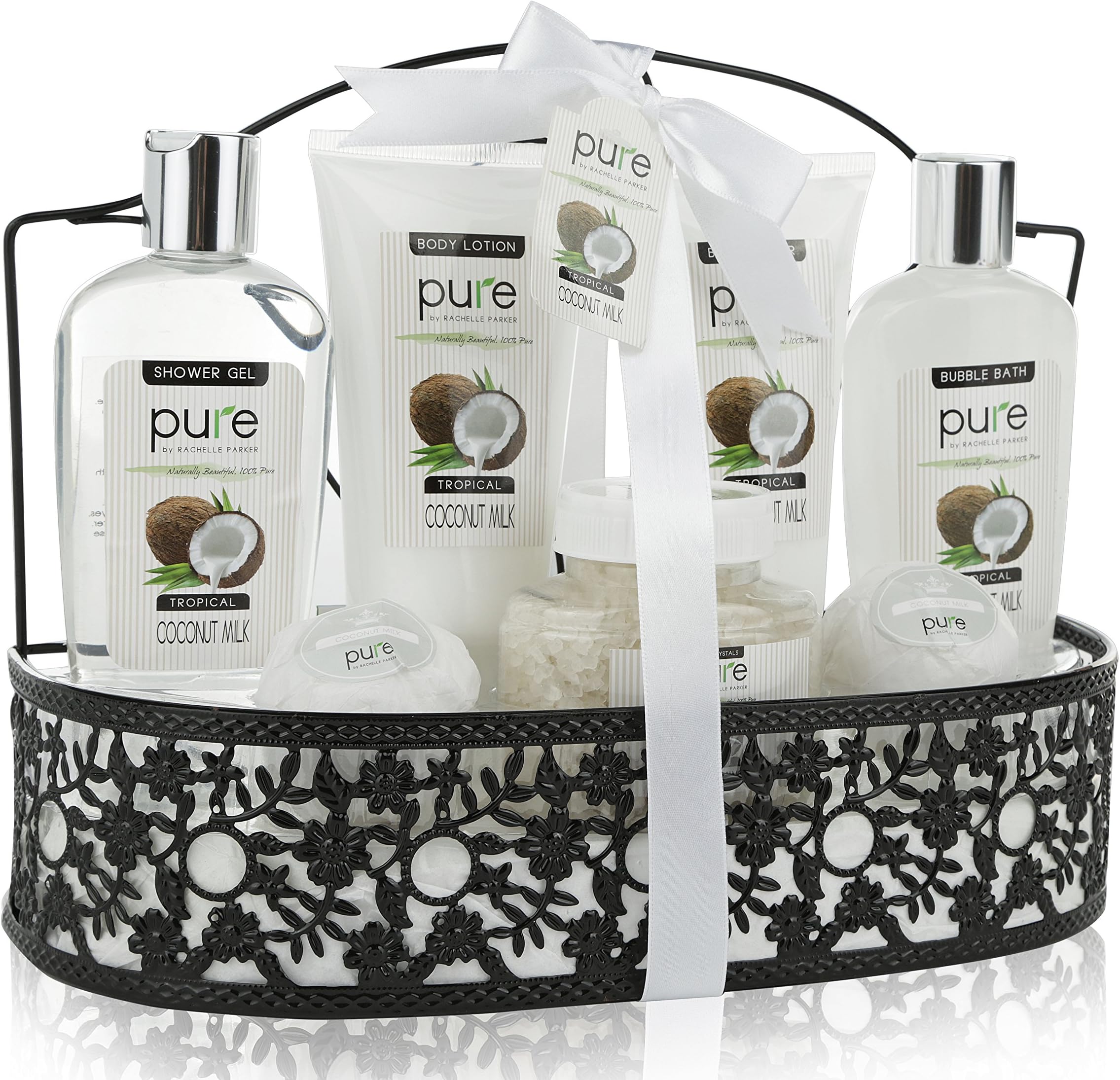 Mothers Day Spa Basket Coconut Milk Bubble Bath, Body Butter, Body Lotion, Bath Bombs. Bath & Body Gift Basket for Women & Girls Gift. Spa Gift basket as Thank You Gift,Birthday Gift,Holiday Gift,etc