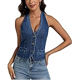 LADYFUL Halter Denim Vest Top for Women V Neck Jean Vest Waistcoat Sleeveless Back Tie Cowgirl Top Western Outfits