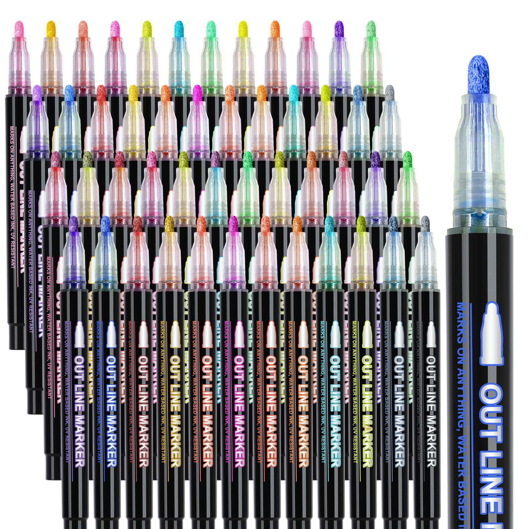 iaHOME Glitter Pens Outline Pen, 48 Double Line Outline Pens Metallic Markers Pens for Arts and Crafts, DIY Projects, Greeting Cards, Gifts for Teenage Girls