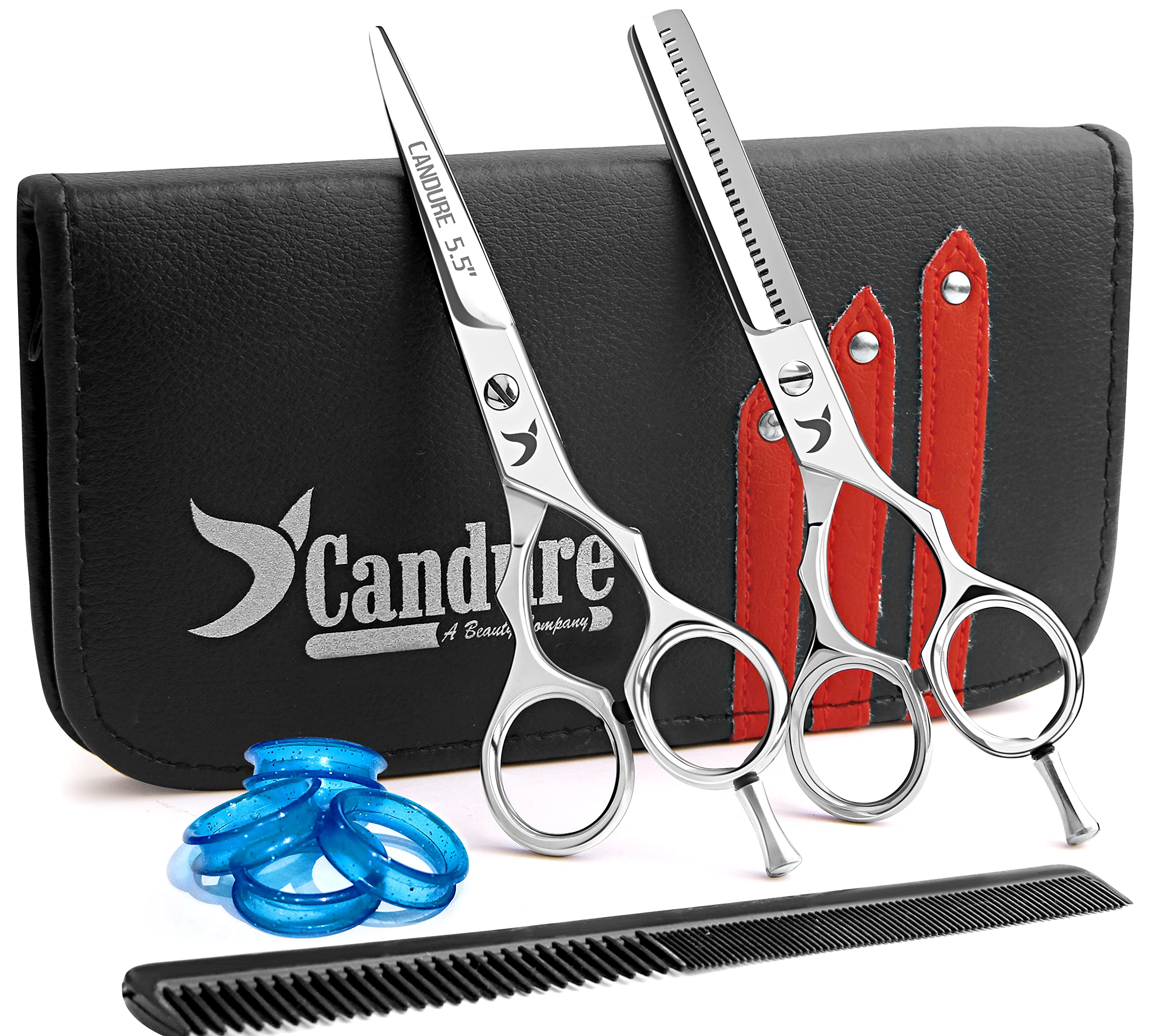 Candure Hairdressing Scissor Hairdresser thinning Scissor Set - 5.5 Inch Hair Cutting and Hair Scissor with Comb and Pouch - for Men, Women, Children and Professional Barbers
