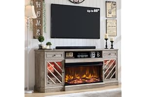 OKD 75 Inch 3-Sided Electric Fireplace TV Stand for TVs up to 85'',Modern Highboy Entertainment Center with 36" Fireplace & LED Lights,Widen Drawers and Glass Door Storage Cabinet, Light Rustic Oak
