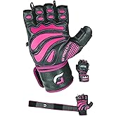 Grip Power Pads Leather Gym Gloves for Women – Built-in 2" Wrist Wraps, Pink Weightlifting, Powerlifting, Bodybuilding Workout