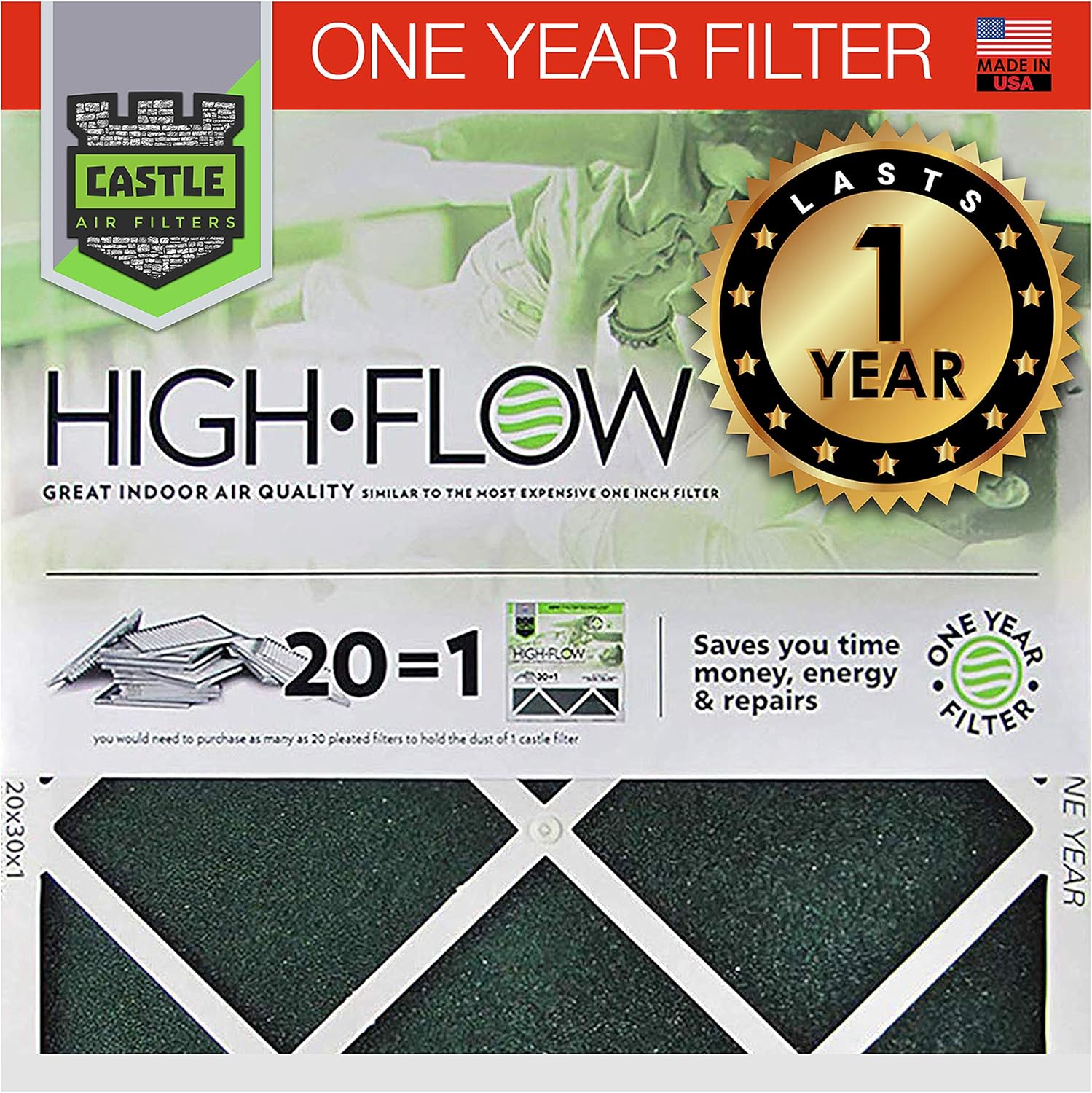 No Toil Castle, One-Year HVAC Furnace Filter, 20” x 20” x 1” - Black - 20201: Home & Kitchen