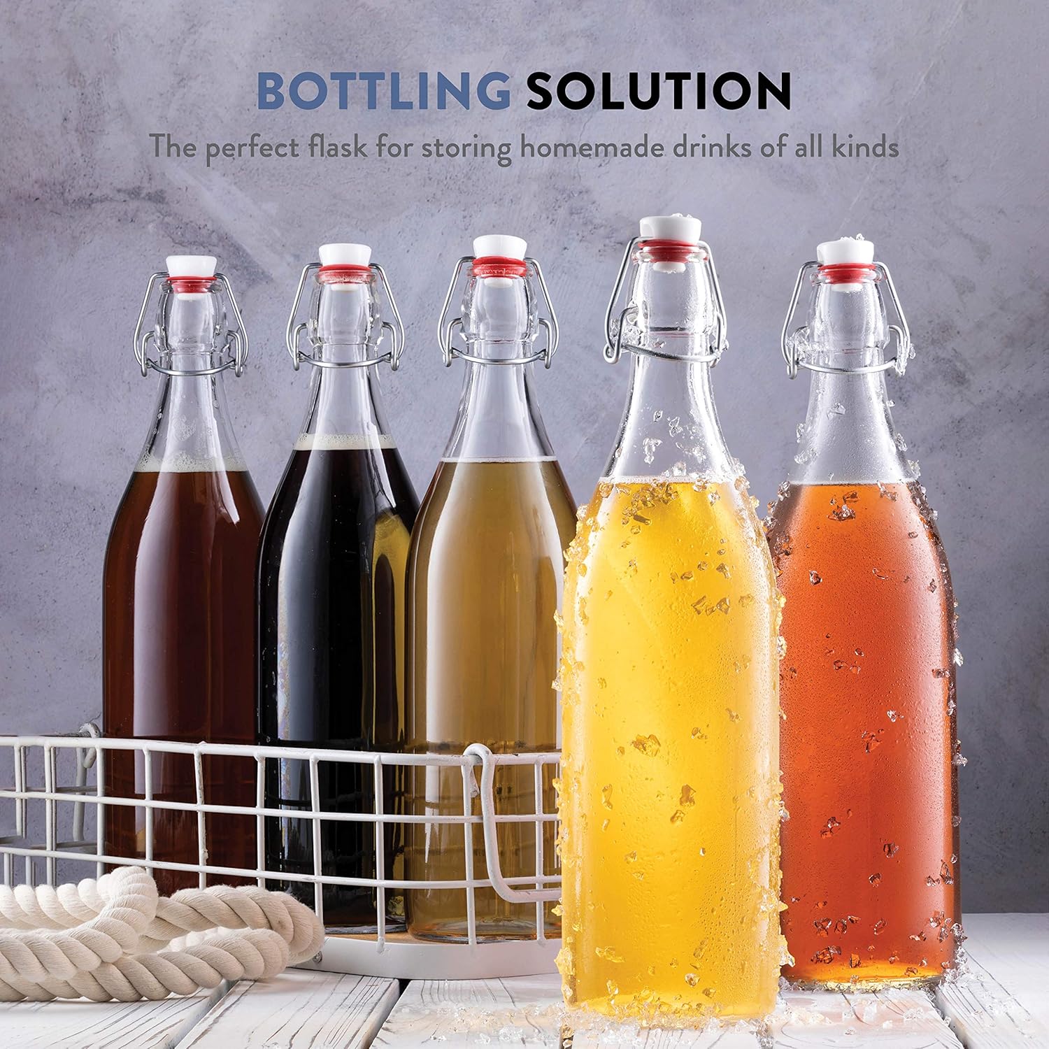 Giara Swing Top Bottles 33 ¾ Ounce/1 Liter (6 Pack) ROUND Clear Glass Grolsch Flip Top Bottle With Stopper, for Beverages, Smoothies, Kefir, Beer, Soda, Juicing, Kombucha, Water, Milk, Oil and Vinegar: Kitchen & Dining